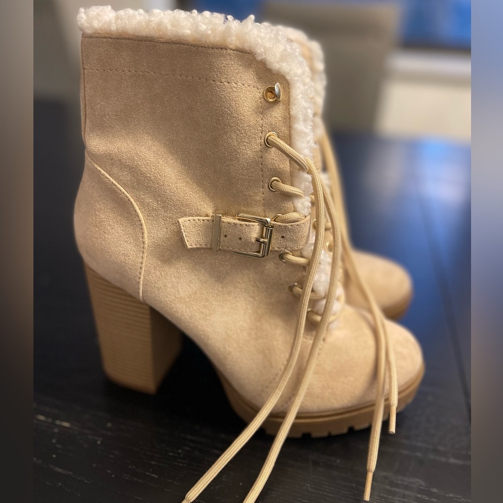 Express Suede Block Heel Boot with fleece lining.